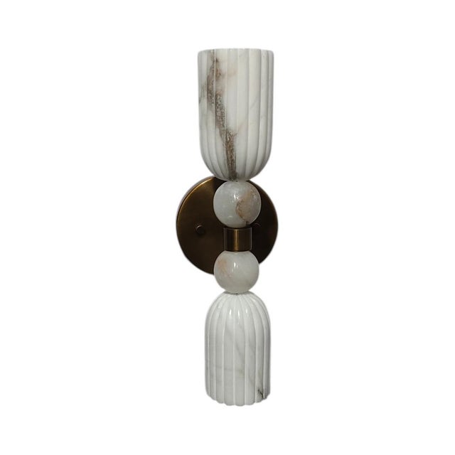 Handmade Alabaster Stone Wall Sconce With Solid Brass, Luxury Ribbed Stone Wall Light, Natural Alabaster Wall Lamp, Art Deco Brass Sconce For Sale - Image 4 of 9