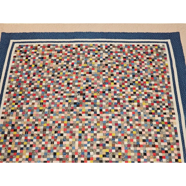Vintage Hand Stitched and Hand Quilted Postage Stamp Quilt in Blue, Ivory, Red For Sale - Image 10 of 12