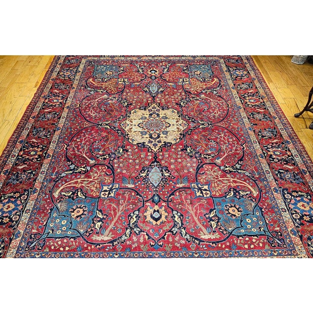Vintage Persian Tabriz Rug, Hand-Knotted Wool, Garden Floral Pattern, Crimson & Turquoise, 11x15 For Sale In Chicago - Image 6 of 18