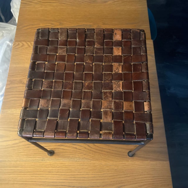 1980s 1980s Iron & Woven Leather Strap Stool — In the Manner of Lila Swift & Donald Monell For Sale - Image 5 of 11
