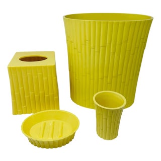1970's Bai Yellow Faux Bamboo 4pc Bathroom Set Wastebasket Tissue Box Cover Soap For Sale