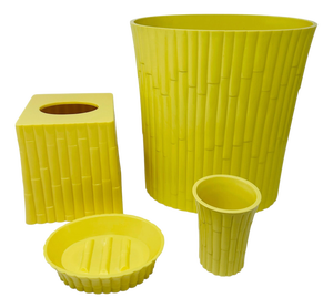 1970's Bai Yellow Faux Bamboo 4pc Bathroom Set Wastebasket Tissue Box Cover Soap