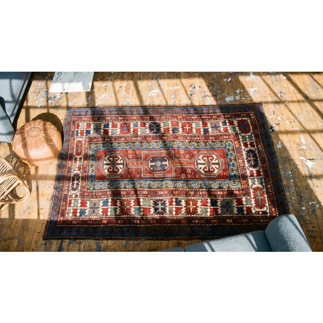 Red 1880s Red Geometric Tribal Antique Caucasian Kazak Rug 4' X 6'5" Handknotted Wool Carpet For Sale - Image 8 of 8