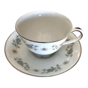 Mid 20th Century Noritake Footed Cup & Saucer Pattern Platinum Rim