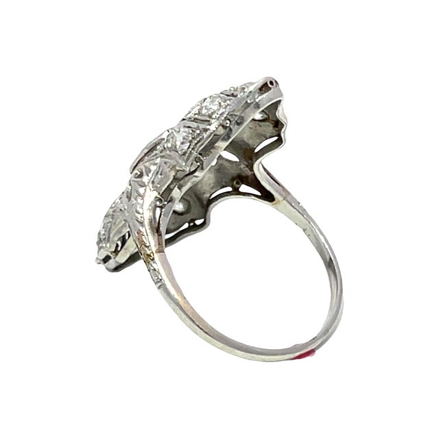 Metal Antique Art Deco Platinum Diamond Filigree Cocktail Ring, Size 5 For Sale - Image 7 of 8