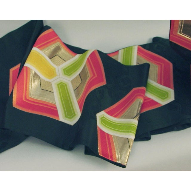 Viintage Silk Japanese Obi, Wildly Colorful Hexagons on Black For Sale In San Francisco - Image 6 of 6