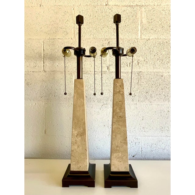 Late 20th Century Vintage Hollywood Regency Coquina Stone Obelisk Lamps – A Pair For Sale - Image 5 of 12