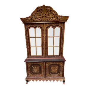 Vintage Chinoiserie Style Gilt Red Lacquered Decorated Two-Part Display Curio Cabinet