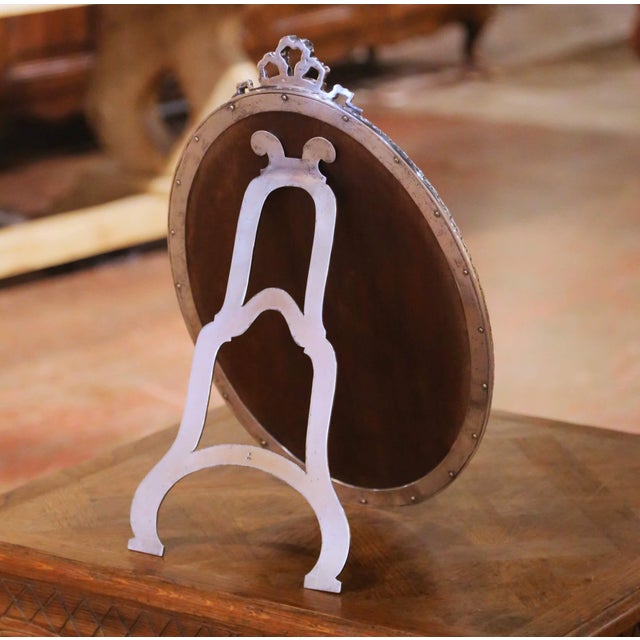 Early 20th Century French Silverplated Over Nickel Vanity Mirror With Bow Crest For Sale In Dallas - Image 6 of 6