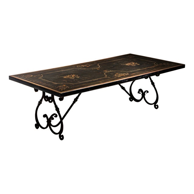 Large Dining Table on Wrought Iron Base For Sale