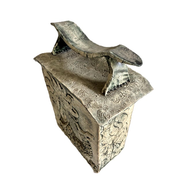 Mid-Century Modern Signed Mid 20th Century Novelty Relief Mermaid Trees Ceramic Box With Lid / Large Art Studio Pottery Lidded Box For Sale - Image 3 of 12