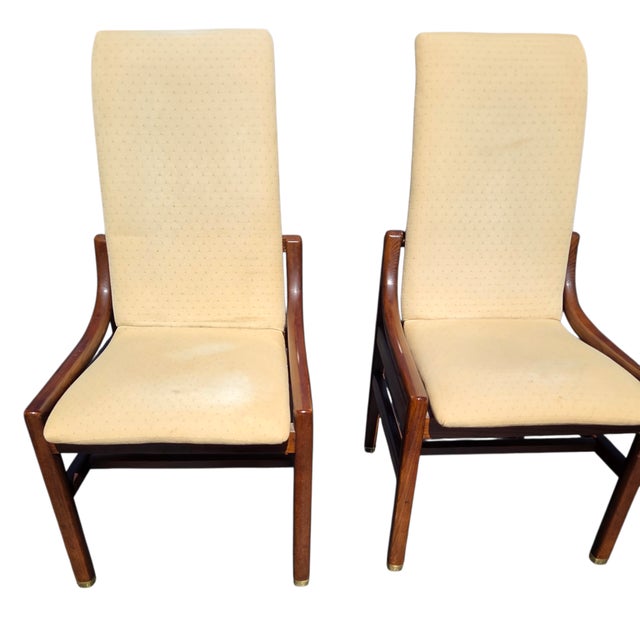 1980s 2 Henredon Scene One Campaign Dining Room Side Chairs MCM Oak Brass For Sale - Image 9 of 15