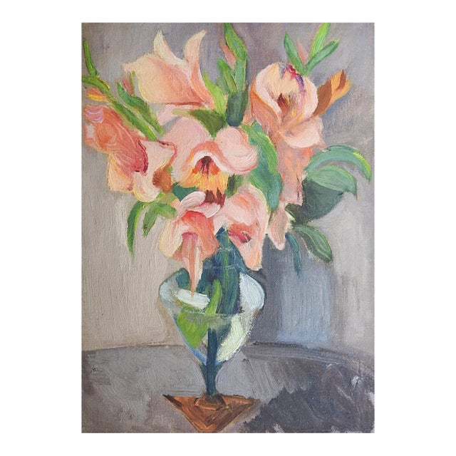 Mid 20th Century Peach Gladiolas Still Life Painting For Sale