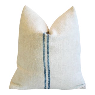 Custom Blue Stripe French Grain Sack Feather & Down Pillow For Sale