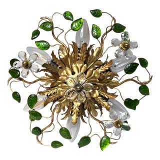 Ceiling or Wall Lamp in Gilded Metal with Murano Glass Leaves and Flowers from Banci Firenze, Italy, 1960s For Sale