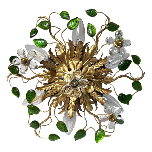 Ceiling or Wall Lamp in Gilded Metal with Murano Glass Leaves and Flowers from Banci Firenze, Italy, 1960s For Sale