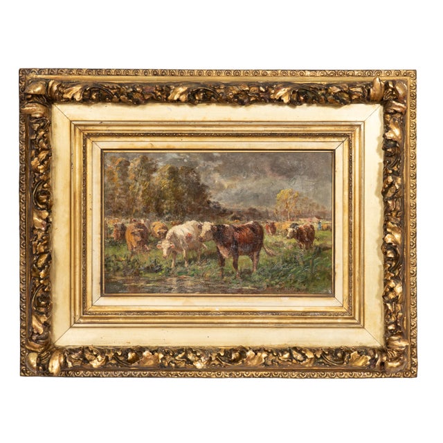 Oil on canvas of cows in landscape by Raymond Desvarreux. French painter who lived 1848-1912. Signed lower right.