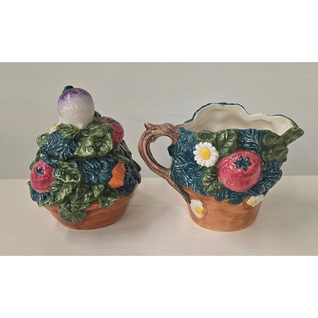 Vintage Summer Harvest ceramic Sugar & Creamer, by Fitz And Floyd. Colorful sculpted vegetables, make up this set. Red...