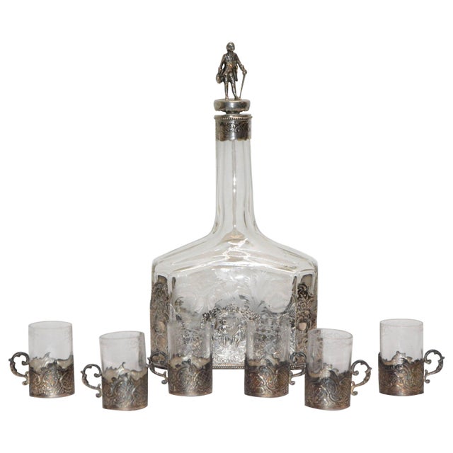 Victorian Silver and Engraved Crystal Decanter With Cordial Cups For Sale - Image 9 of 9