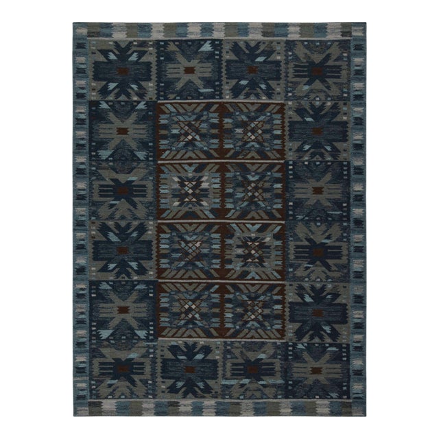 Rug & Kilim’s Scandinavian Kilim With Geometric Patterns in Dark Blue For Sale