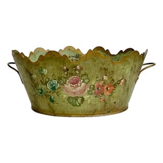 Vintage French Tole Cachepot With Hand-Painted Roses and Scalloped Rim For Sale