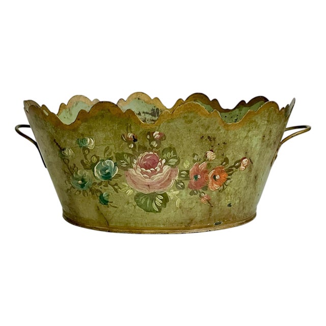 Vintage French Tole Cachepot With Hand-Painted Roses and Scalloped Rim For Sale