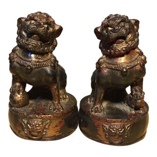 Pair of Vintage Gilt Bronze Foo Dogs – Guardian Lions on Drum Bases For Sale
