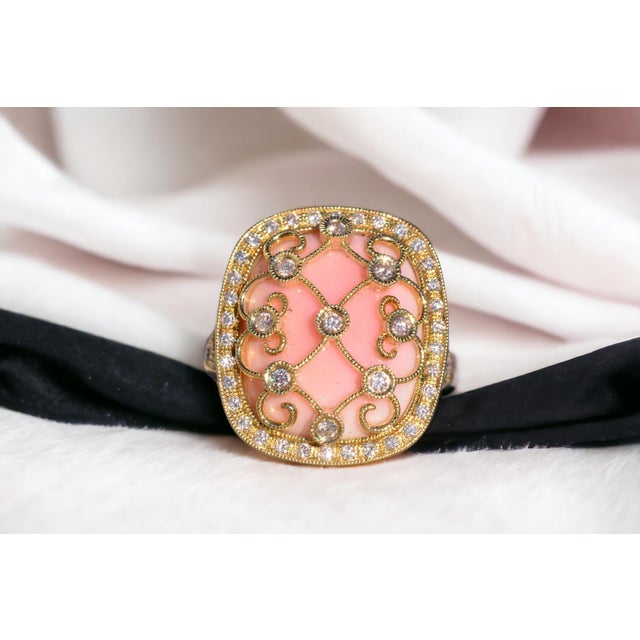 Contemporary The 154th Avenue: Pink Coral and Natural Diamond Cocktail Ring in Yellow Gold For Sale - Image 3 of 11