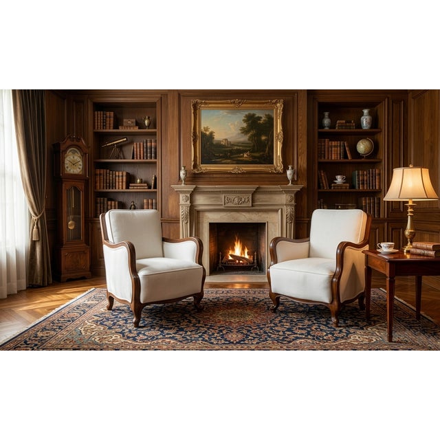 A sophisticated pair of armchairs handcrafted in Italy. These pieces showcase a timeless design, blending a graceful...