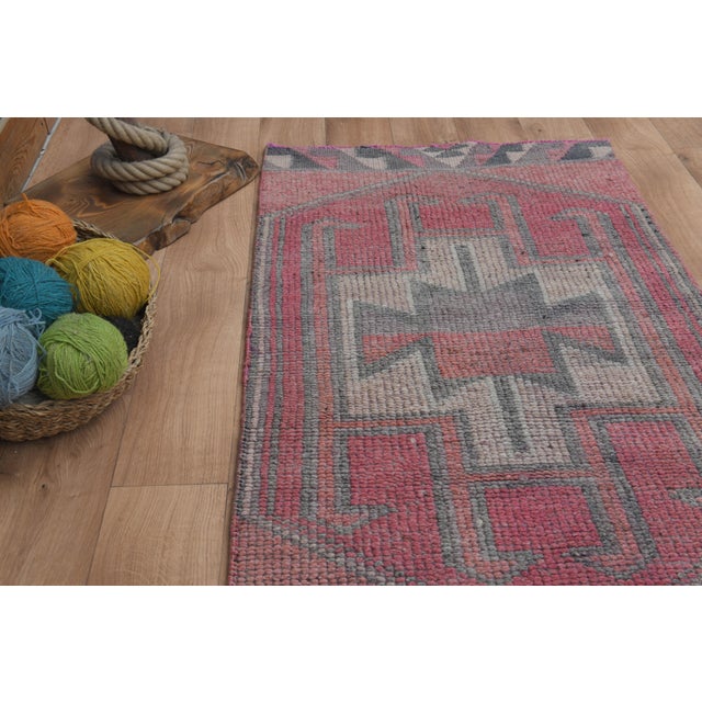 Pink 1970s Vintage Turkish Handmade Wool & Cotton Pink Runner Rug For Sale - Image 8 of 11