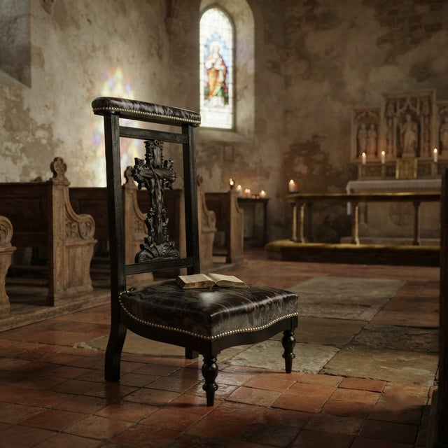 Antique Victorian Gothic Revival Ebonized Wood Prie-Dieu Prayer Chair with Carved Cross, 1900 For Sale - Image 9 of 10
