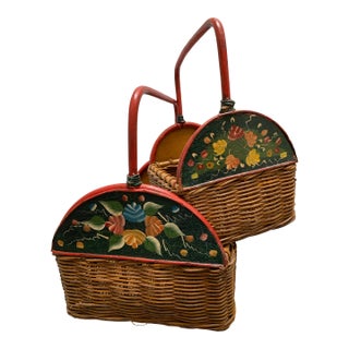 Vintage Rustic Folk Art Painted Decor and Storage Baskets, Set of Two For Sale