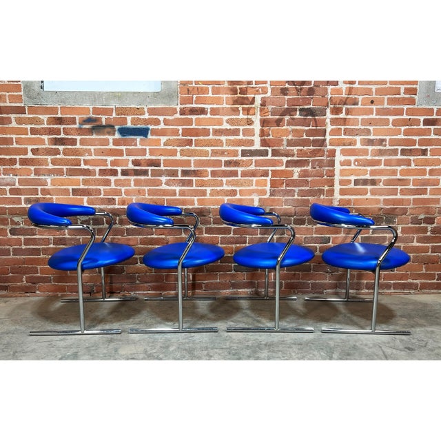 Mid Century Modern Blue Vinyl & Chrome Dining Chairs by Anton Lorenz