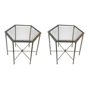 1970s Hexagonal Modern Brass Bamboo Side Tables - A Pair