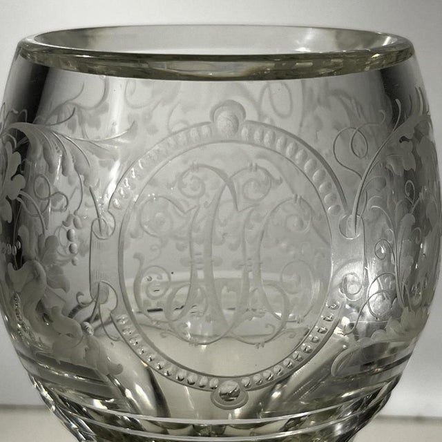 Stemmed Glasses in Thick Cut Crystal with Scrolling Decoration and Monogram, Bohemia, 1900s, Set of 2 For Sale - Image 4 of 14