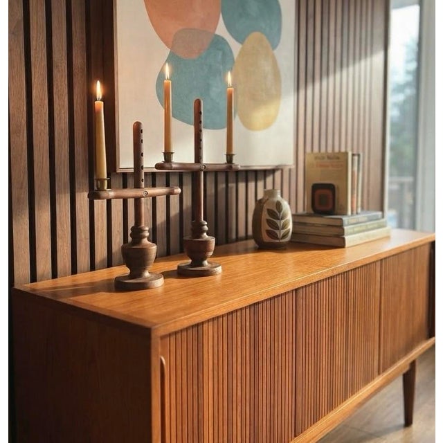 Vintage Mid-Century Modern Scandinavian Adjustable Wooden Candle Holders Brass Inserts- A Pair For Sale - Image 12 of 12