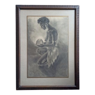 Vintage Mid-Century Figurative Charcoal Drawing of Kneeling Figure With Glowing Orb – Signed "Fryson" For Sale