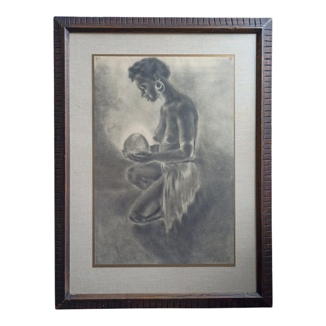 Vintage Mid-Century Figurative Charcoal Drawing of Kneeling Figure With Glowing Orb – Signed "Fryson" For Sale