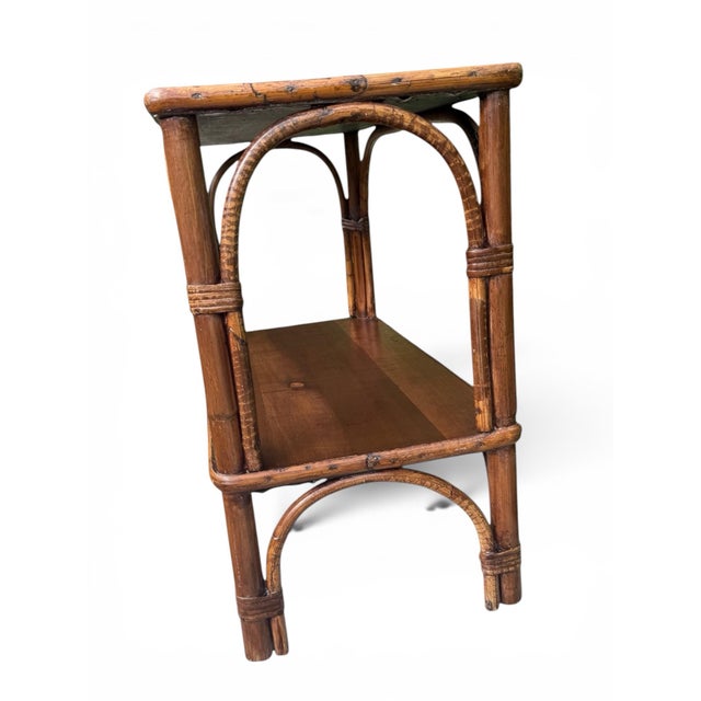 Vintage Bamboo Two-Tier Side Table | Hollywood Regency Coastal Rattan Accent Table For Sale In Buffalo - Image 6 of 10