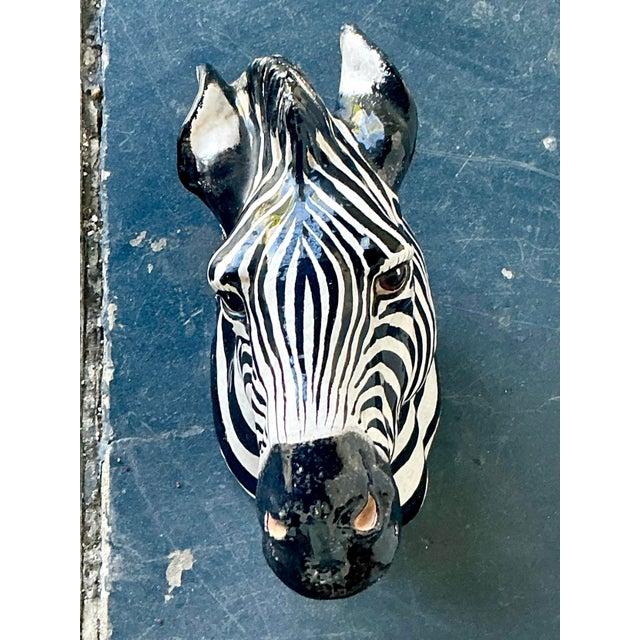 This striking Italian-made zebra wall bust is a masterful example of 1970s Hollywood Regency maximalism. Hand-painted with...