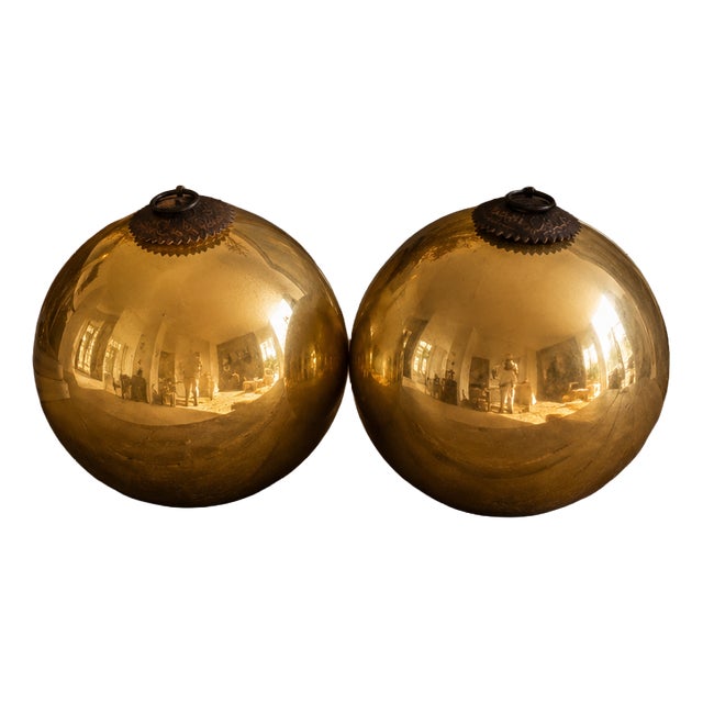 Mid-Century French Sculptural Gilt Eglomisé Glass Spheres, 1950s, Set of 2 For Sale