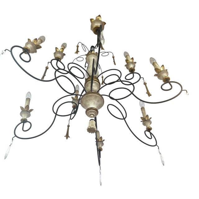 French Country 9-Light Wrought Iron Chandelier With Carved Wood Accents For Sale - Image 13 of 13