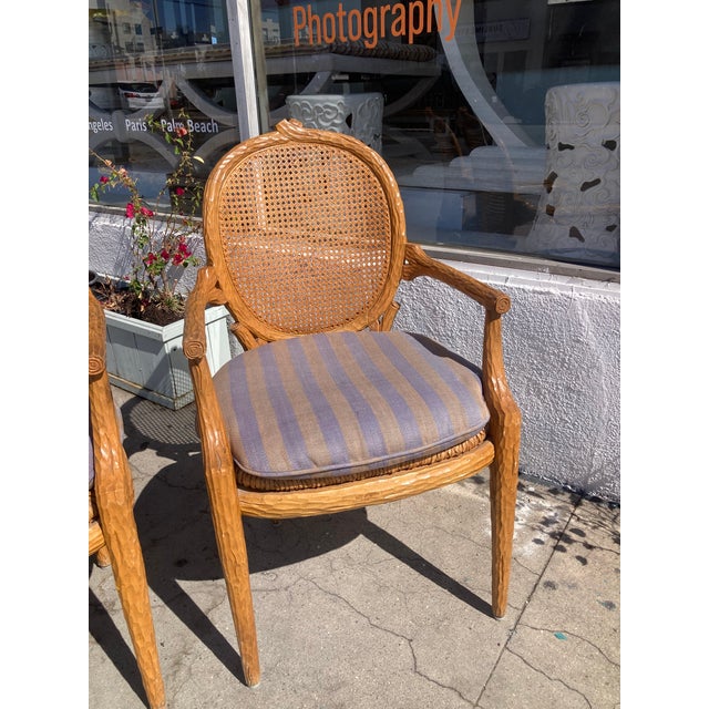 Faux Bois Arm Dining Chairs With Cain Backs and Rush Seats- A Pair For Sale In Los Angeles - Image 6 of 9