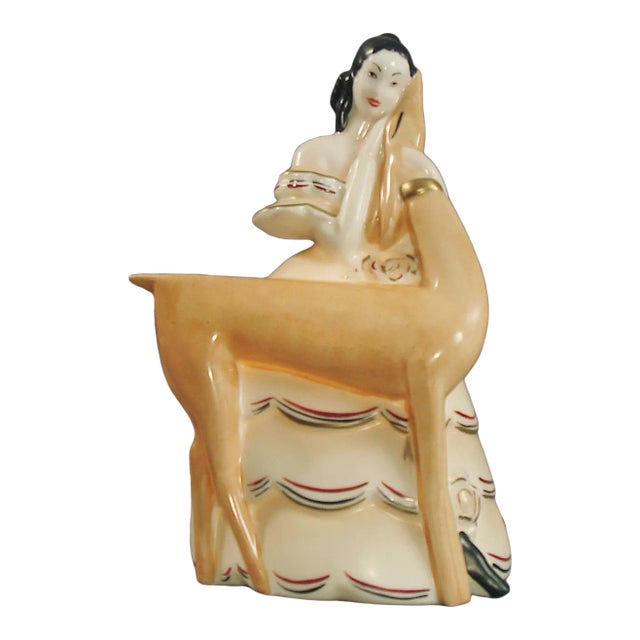1920s French Art Deco Lady and Her Doe Night Light or Accent Lamp by Limoges For Sale