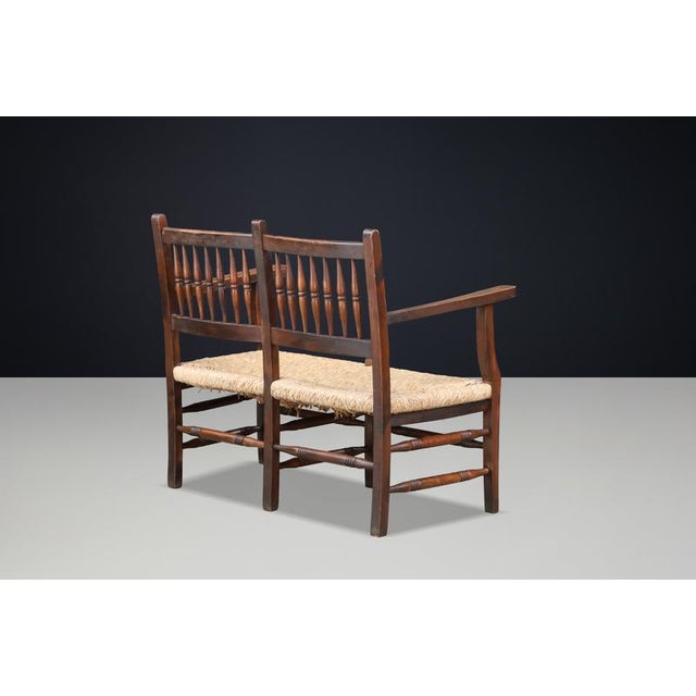 Wood French Patinated Beech and Rush 2-Seat Bench, France, 1950s For Sale - Image 7 of 11