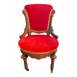 Stunning Late 18th Century Antique Ladies Victorian Red Velvet Parlor Chair, Gold Accents, Hand Carved Walnut Wood For Sale
