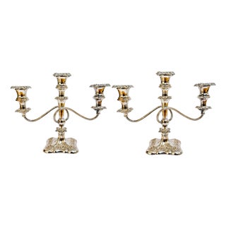 Antique Rococo Style Barker Ellis English Silver Plated 3-Arm Candelabras - A Pair For Sale