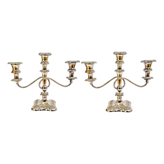 Antique Rococo Style Barker Ellis English Silver Plated 3-Arm Candelabras - A Pair For Sale