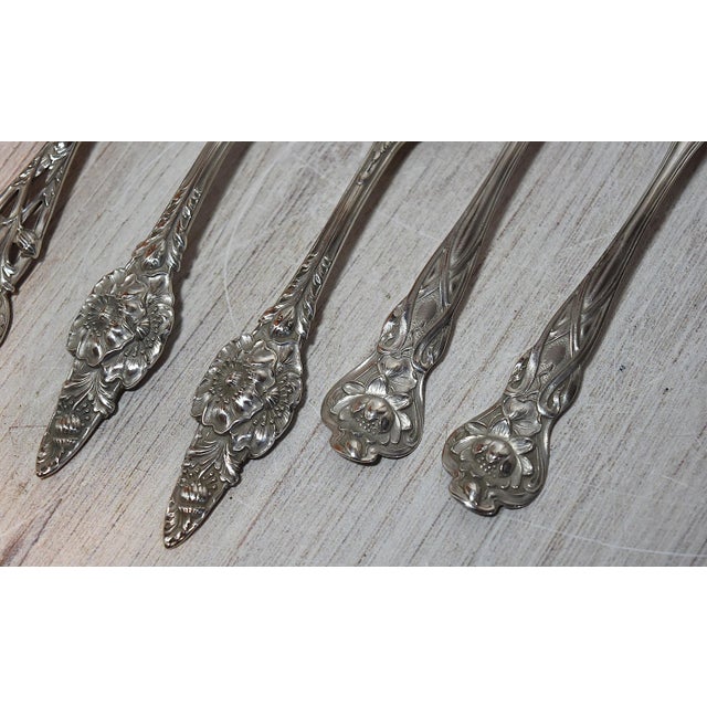 Antique Collection of 8 Floral Sterling Silver Teaspoons Tea Party For Sale - Image 9 of 17