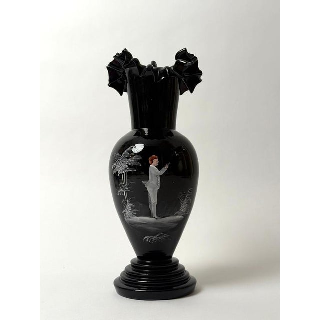 Glass Antique Bohemian Deep Ruby Glass Vase with Romantic White Enamel Painting, 1900 For Sale - Image 7 of 18